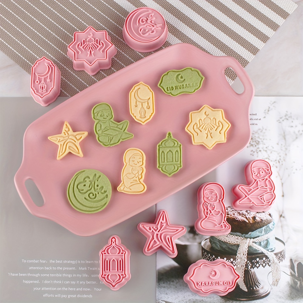 8pcs mubarak cookie stamp set 3d cartoon designs islamic muslim biscuit impressers with plunger cutters for eid thanksgiving baking details 14