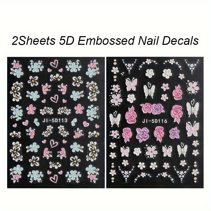 Image of 2sheets 5d Embossed Flower Nail Stickers Petals Acrylic Spring Summer Floral Slider Nail Decor Nail Art Supplies