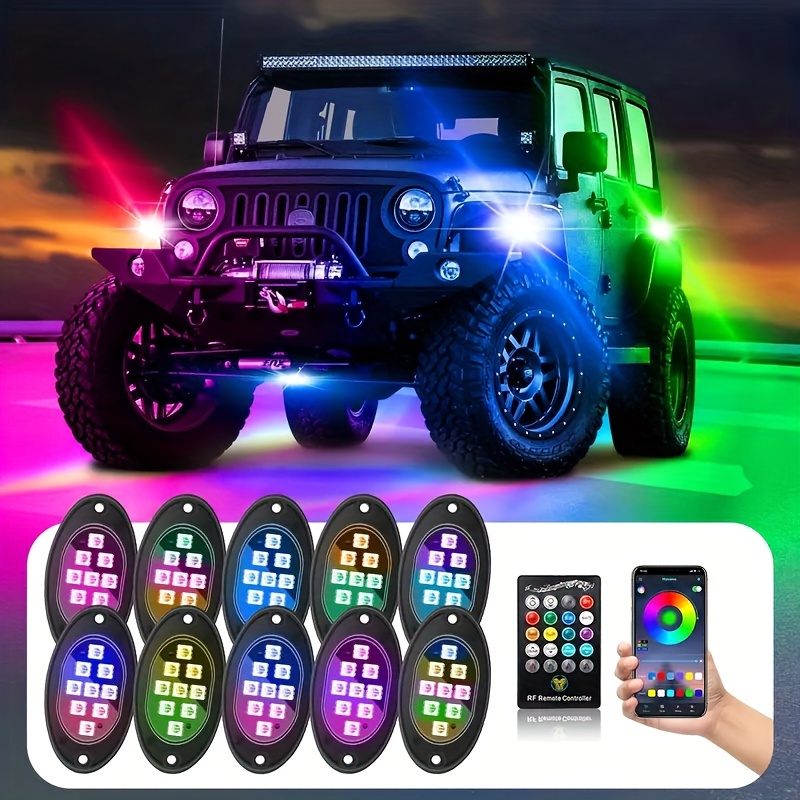 TEMU Rgb Led Rock Lights, With Phone App/remote Control & Timing & Rock Lights Kits, Underglow Light For Atv Rzr Utv Suv Off Road Auto Motorcycle
