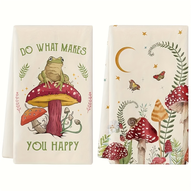 TEMU 2pcs Set, Fun Mushroom Print Towels, Modern Absorbent Cloths, Cooking Tea Towels, Dish Towels And Scouring Pads, Hand Towels, Tea Towels, Super