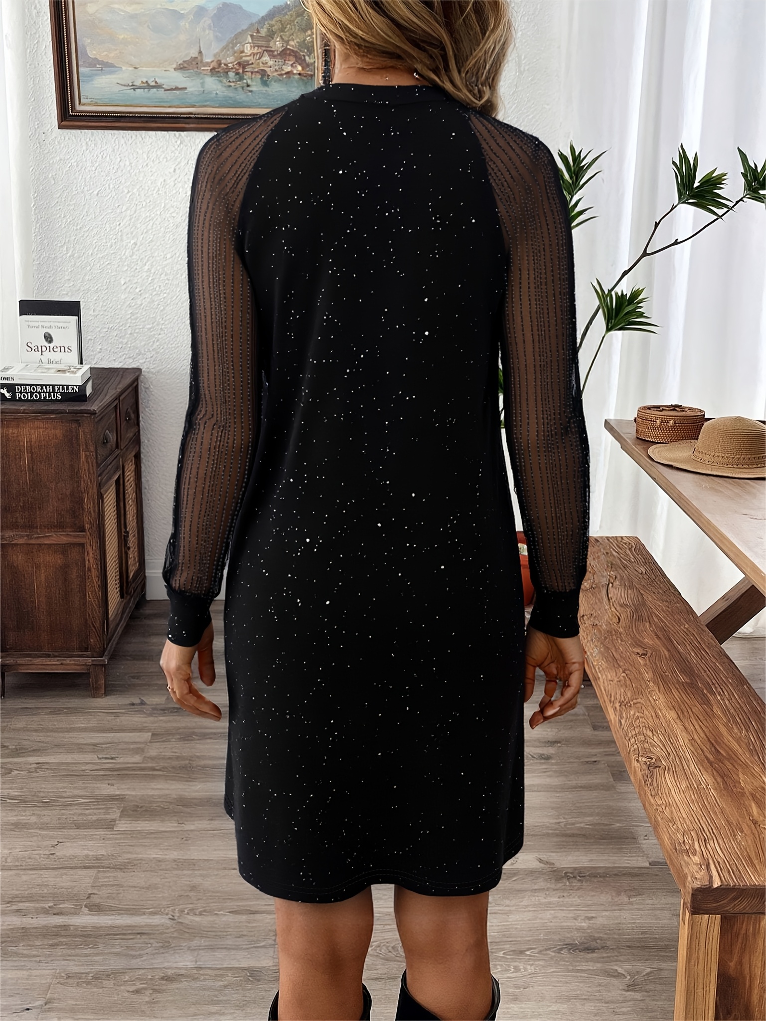 casual sequin star dress women round neck mesh long sleeve a - Temu Qatar