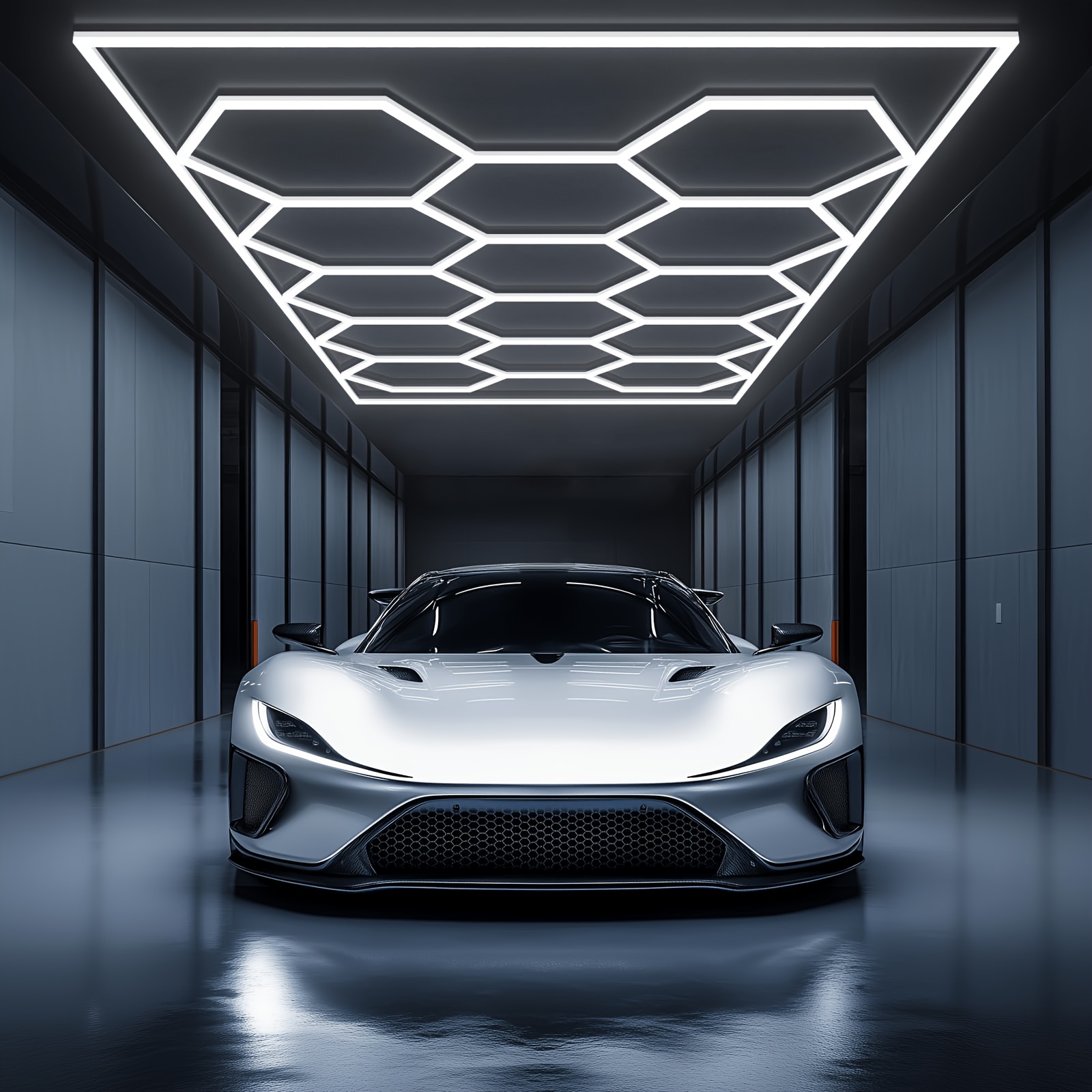 Image of Hexagon Garage Lights, 603w 60300lm Led Garage Lighting System, 14-grid Honeycomb Design With Border, 6500k Daylight White, , Durable Hex Led Lights For Garages, Car Detailing Shops, & Gyms