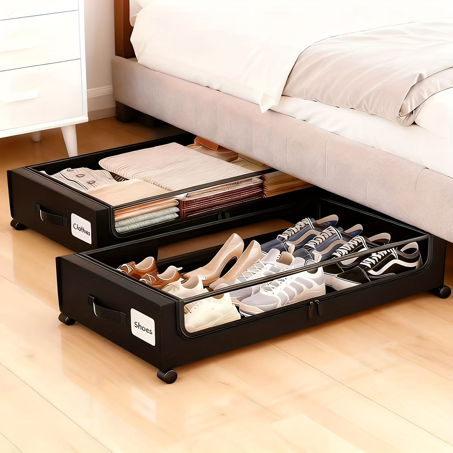 TEMU Under-bed Storage Box With Wheels, Under- And Shoe Organizer With Transparent Lid And Label, Under-bed Storage Box, Rolling Metal Drawer With