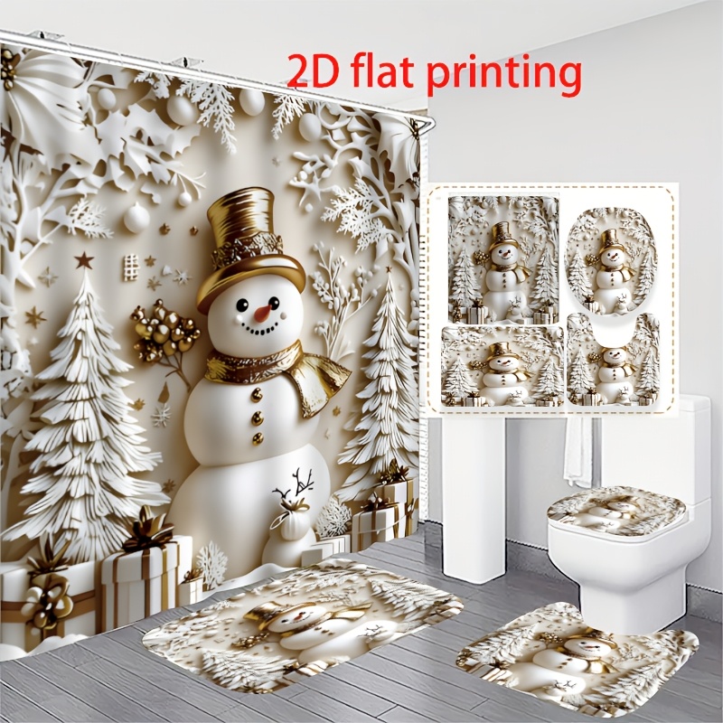 TEMU 2d Flat, 4pcs Christmas Snowman 2d Flat Print Bathroom Set, Including A Shower Curtain, Curtain With Non-slip Mat, Toilet Seat Cover, Bath Mat,