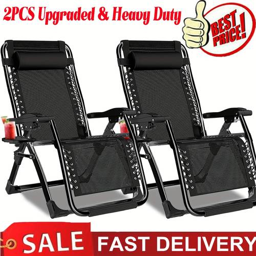 portable zero folding lounge chairs set of 2 garden loungers with cup holder trays and adjustable pillow heavy duty reclining chair for beach camping patio poolside garden backyard lawn