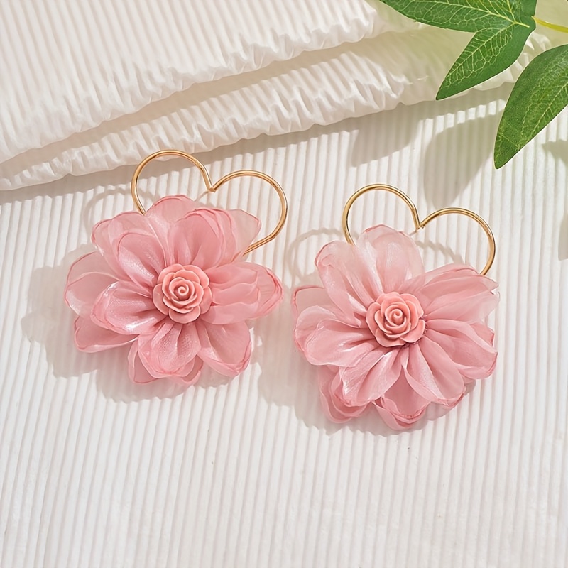Pink Floral Heart Frame Earrings for Women