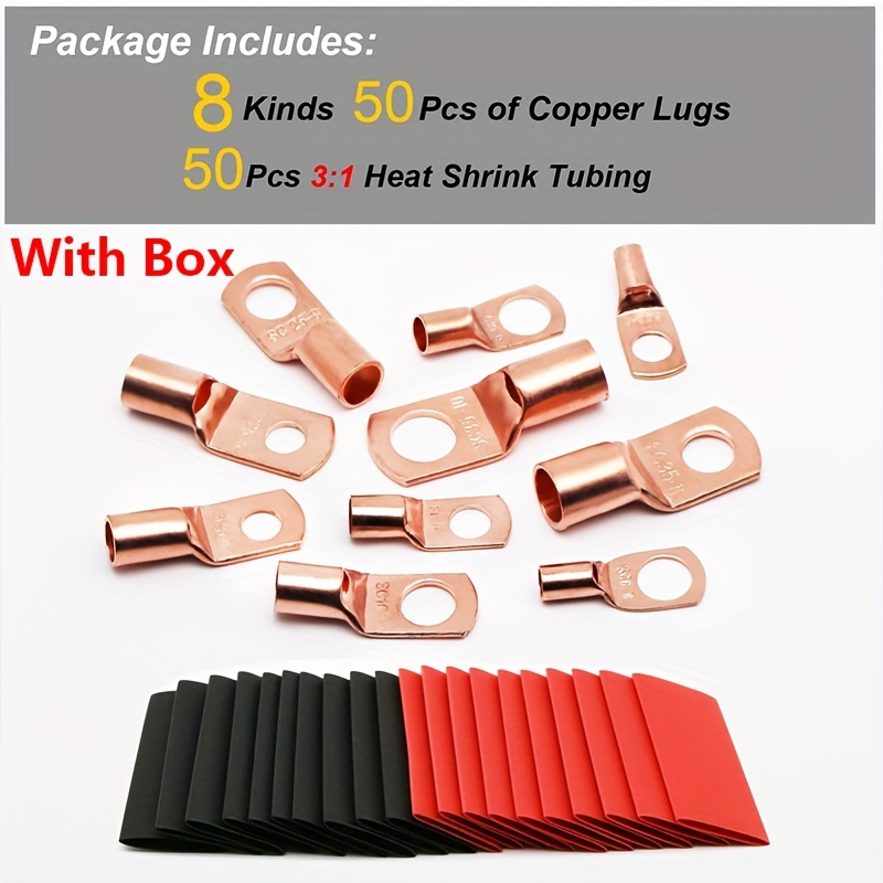 Image of 100pcs Copper Battery Cable Lug Kit, 50pcs Non-insulated Crimp Terminals With 50pcs Heat Shrink Tubes For Vehicle, Marine, Cabinet, Household Appliances