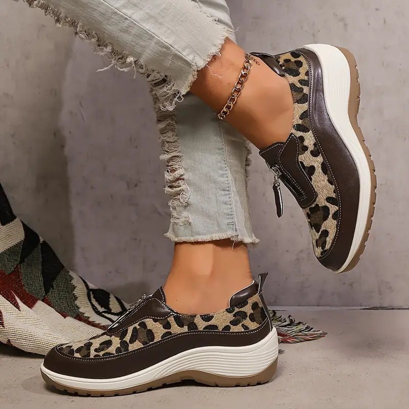 womens leopard print fashion sneakers with zipper closure low top casual athletic shoes with mesh and pu sole hand washable manufactured details 4