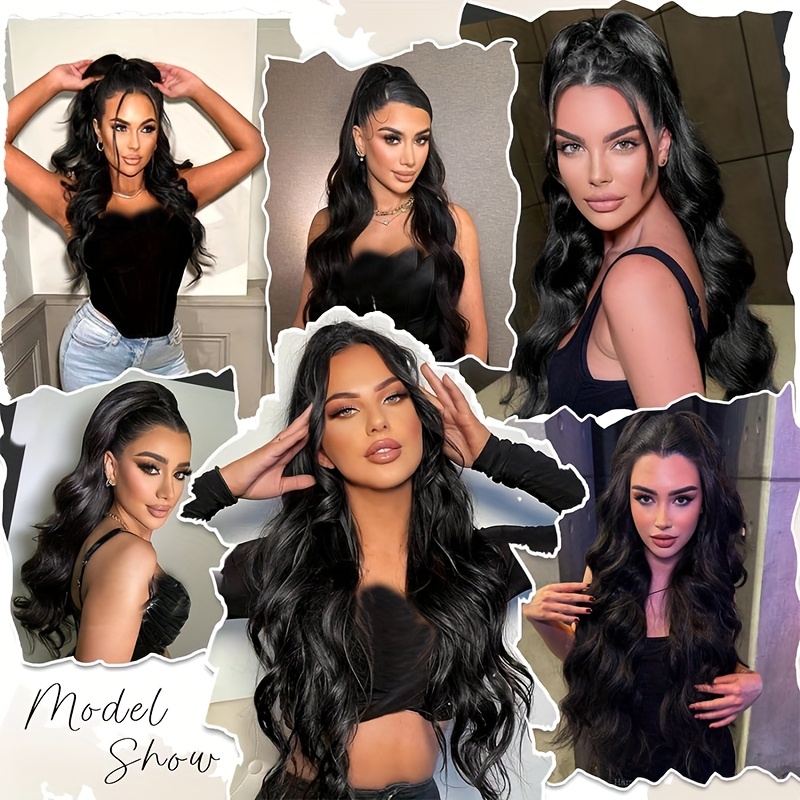 long curly wavy hair piece synthetic pony tail extensions for women highlight balayage details 1
