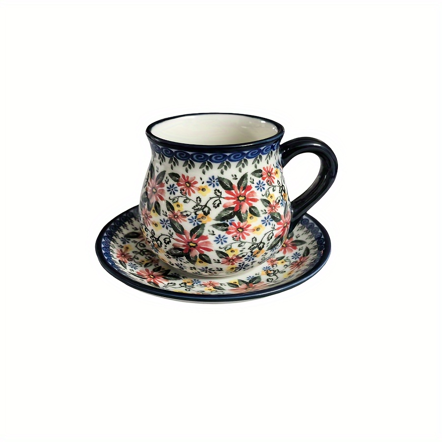 Image of 1pc Floral Pattern Coffee Cup And Saucer Set, Hand-painted Ceramic Teapot-shaped Mug, High Aesthetic Retro Afternoon Tea Tableware, Home Holiday Gift, Capacity 220ml