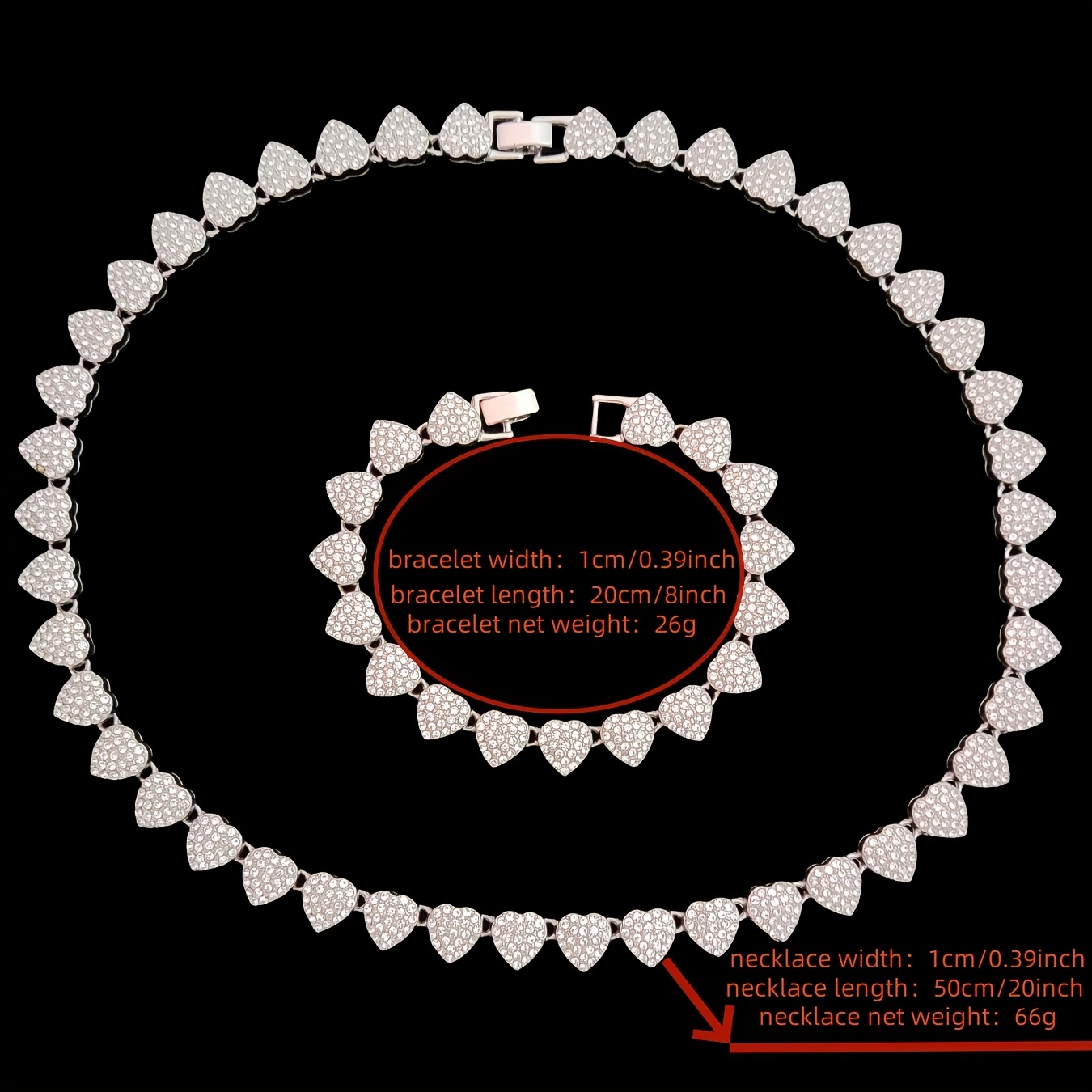 2pcs/Set Men'S and Women'S Hip-Hop Heart-Shaped Necklace and Bracelet Fashion Vintage Punk Necklace Bracelet Men'S and Women Jewelry Set Suitable for Party or Daily Wear Valentine'S Day Gift