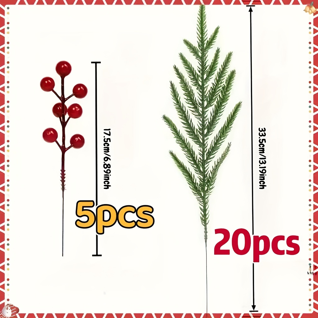 TEMU 25 Artificial Norfolk Pine Branches With Red Berries - Lifelike Christmas Snowflake Green, 13.78 Inches Long, Used For Crafts, Home Decoration,