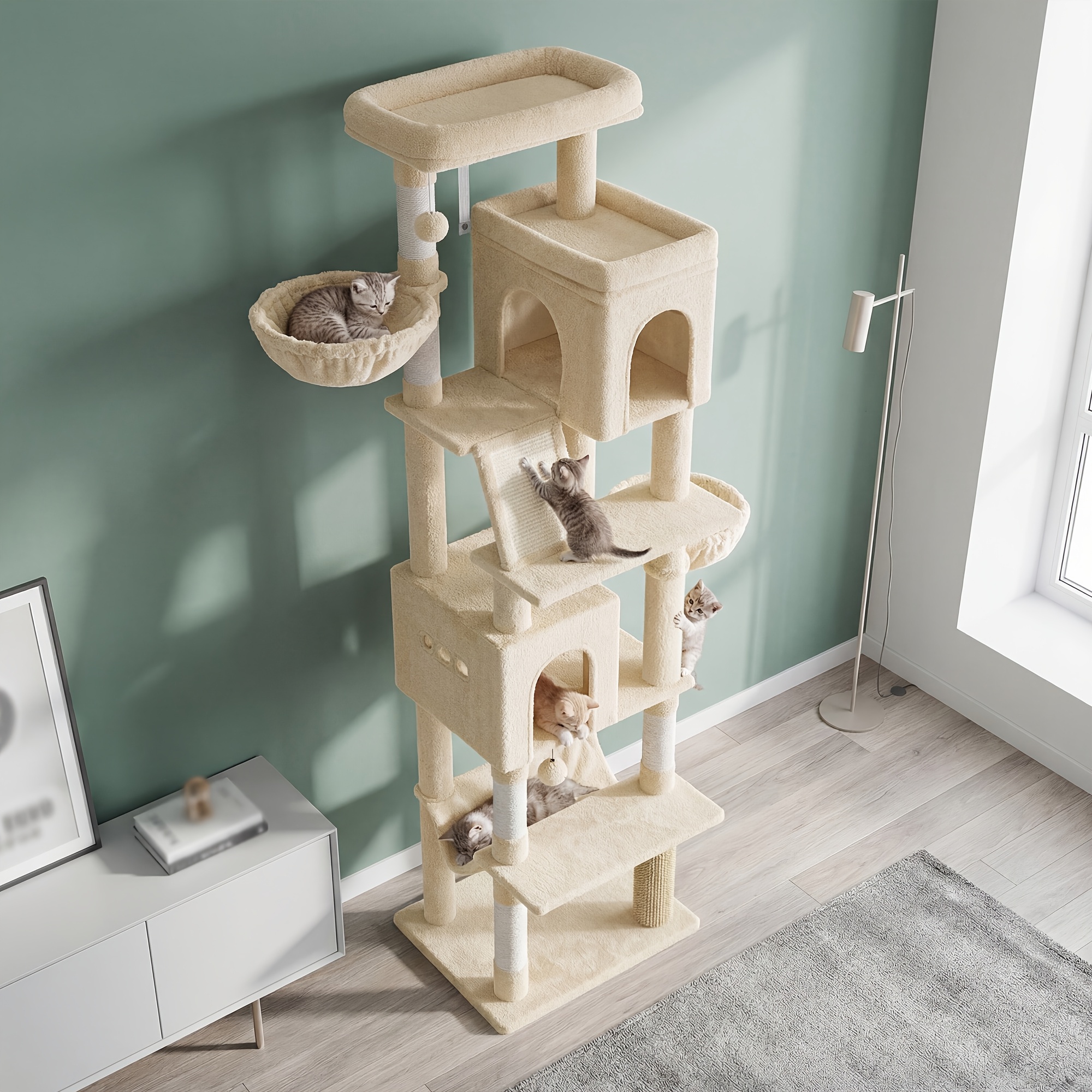 TEMU Arbre à chat XXL extra-haute de 215 cm pour grands chats avec 5 poteaux en sisal naturel densifié, grottes fermées , paniers d'embrassage