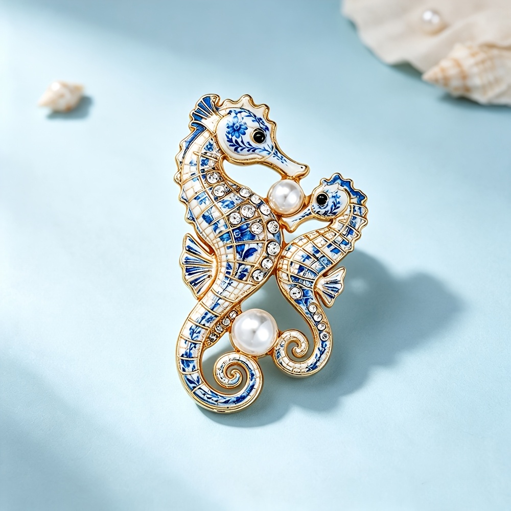 Rhinestone Seahorse Enamel Brooch, Embracing Design