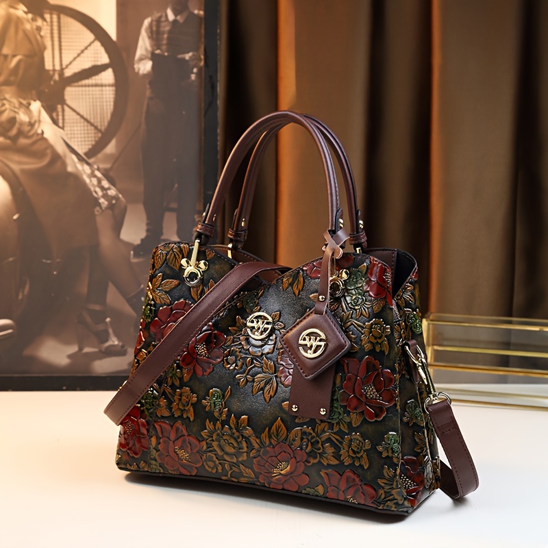 

Sac Fourre-Tout à Motif Floral Vintage avec Fermeture Éclair, Sac à Épaule Élégant et Stylé pour Femme