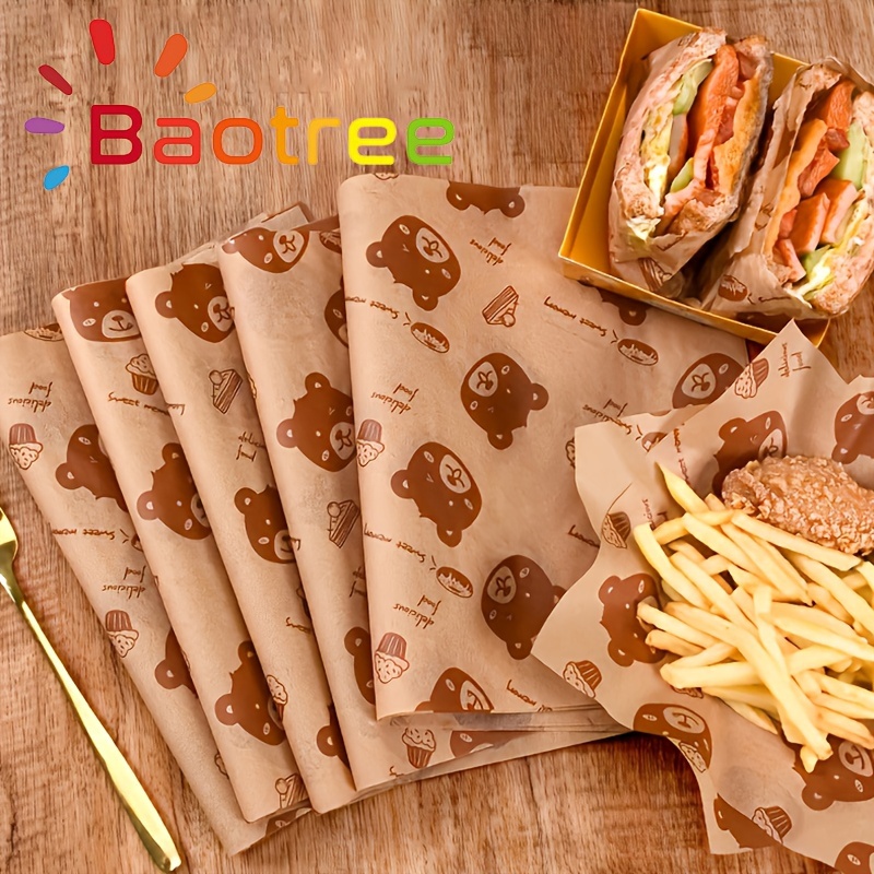 

100pcs Cute Bear Printed Greaseproof Sandwich Wrapping Paper, Brown Kraft Paper Liners, Food Basket Liner, Disposable Table Mat For Fast Food, Snacks, Parties