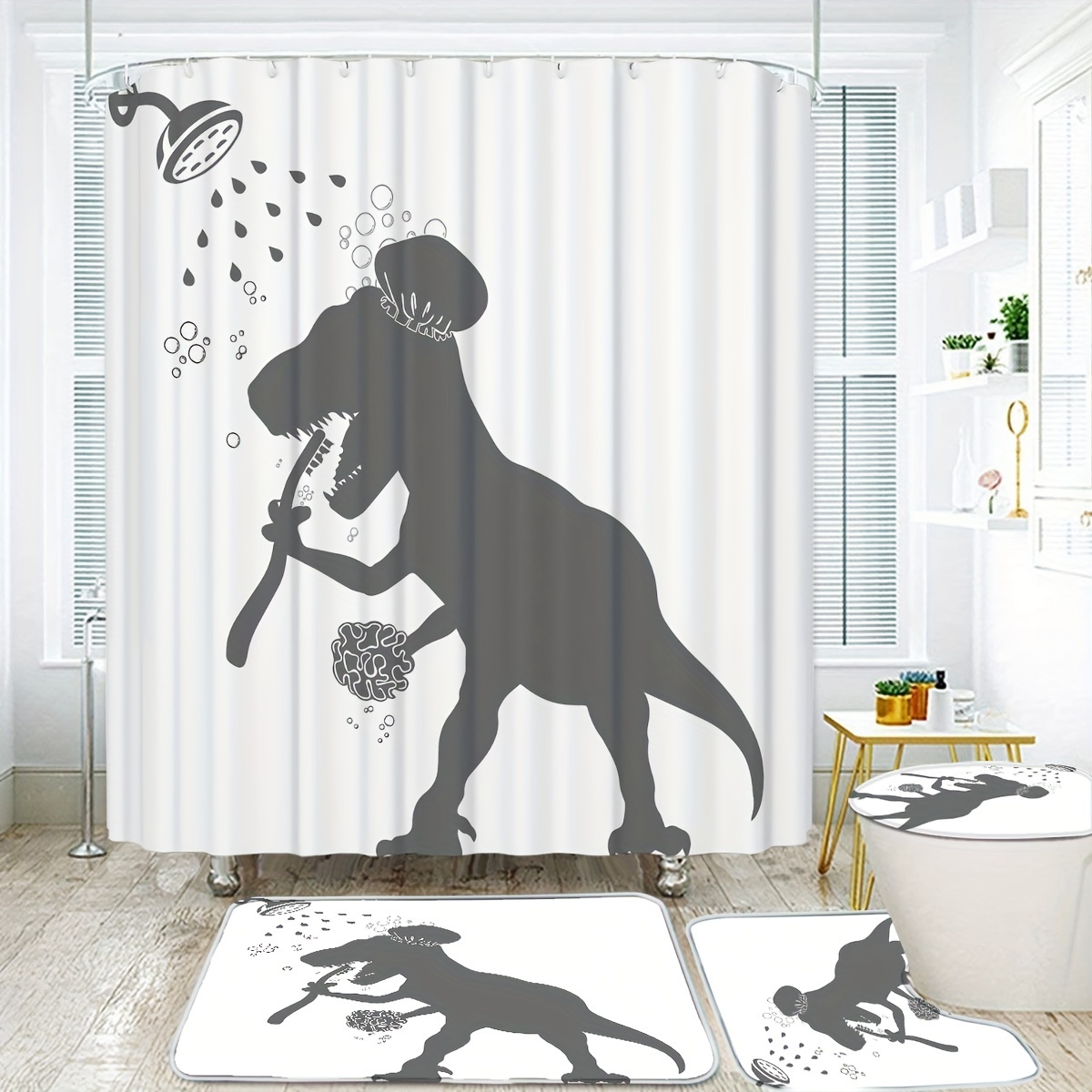 

1/4pcs Cartoon Dinosaur Pattern Shower Curtain Set With Hooks, Waterproof Shower Curtain, Toilet Cover Mat, Non-slip Bathroom Rug, U-shaped Bath Mat, Bathroom Decor Accessories