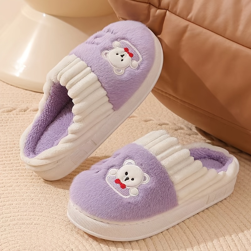 TEMU Autumn Winter New Women's Bear Pattern Slippers Thick Warm Anti-slip Wear-resistant Spliced Furry Shoes Home Slippers Fashion Casual Flat Shoes,