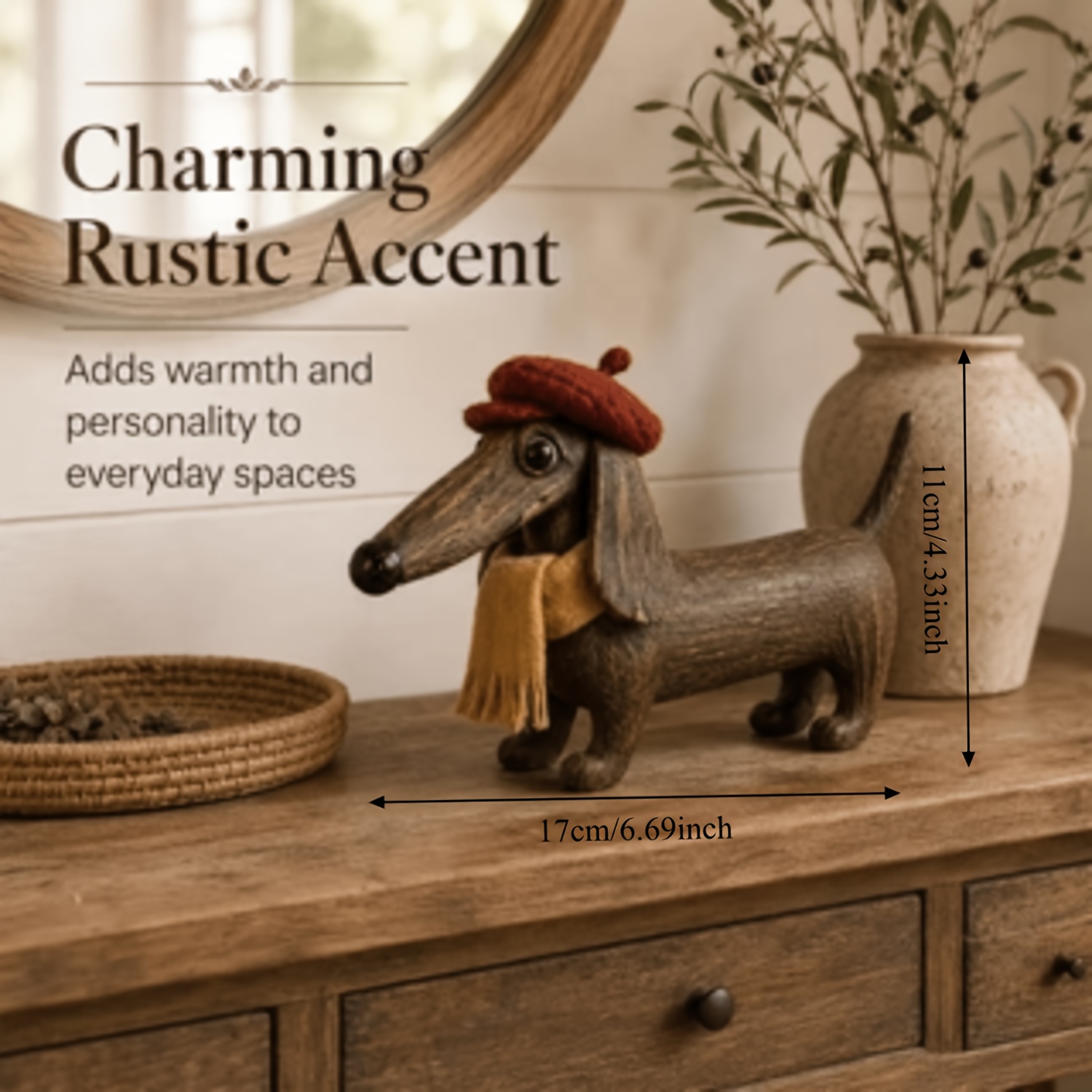 rustic dachshund figurine with hat and scarf vintage style dog statue farmhouse home desktop shelf decor housewarming gift Product details 2
