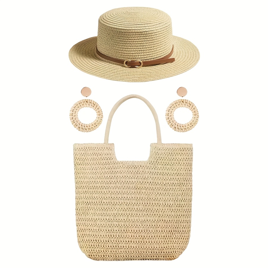 TEMU 3pcs Women's Fashionable Beach Set, Sun Hat, Beach Hat, Beach Bag, Handbag, Earrings, Suitable For Outdoor Beach T