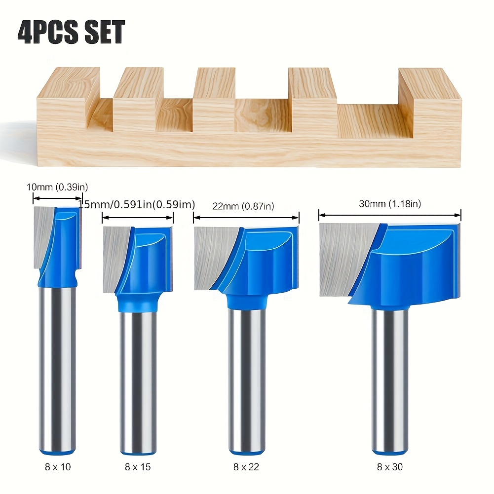 Image of 4pcs Set (10+15+22+30) 8mm Engraving Machine Trimming Router Bit, Flat Bottom Carving Bit, Blue Grooving Cutter, Milling Bottom Engraving Machine Carbide Woodworking Router Bit
