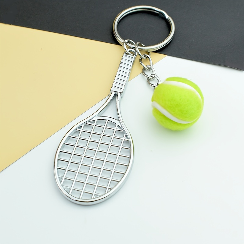 Image of 1pc Mini Tennis Racket & Keychain - Izable Tennis Combo Pendant With Opening Loop, Mini Accessory For Keys/ Charms, Gift For Players (racquet & Pair)