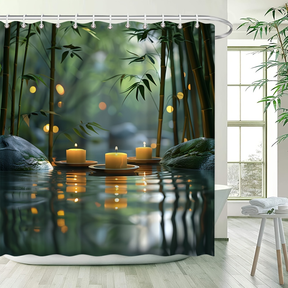 

Zen-inspired Shower Curtain With Bamboo Forest & Candle Design - Waterproof, Includes Hooks, Perfect For All Seasons - 70.8x70.8 Inch