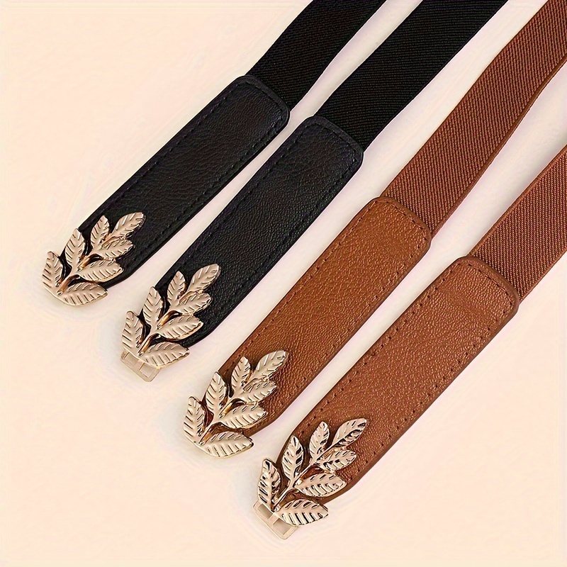 2pcs Women'S Belt Set | Fashion Elastic Waist Seal, Versatile Dress And Shirt Decorative Straps, Fiber, Zinc Alloy Golden Buckle