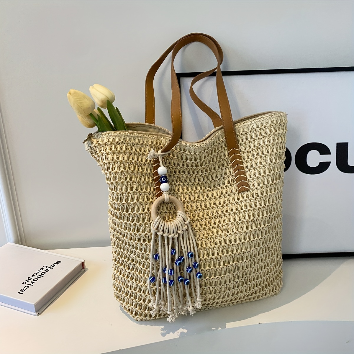 

Trendy Classic Straw Design Shoulder Bag, All-match Bohemian Style Vacation Bag With Pendant Decor