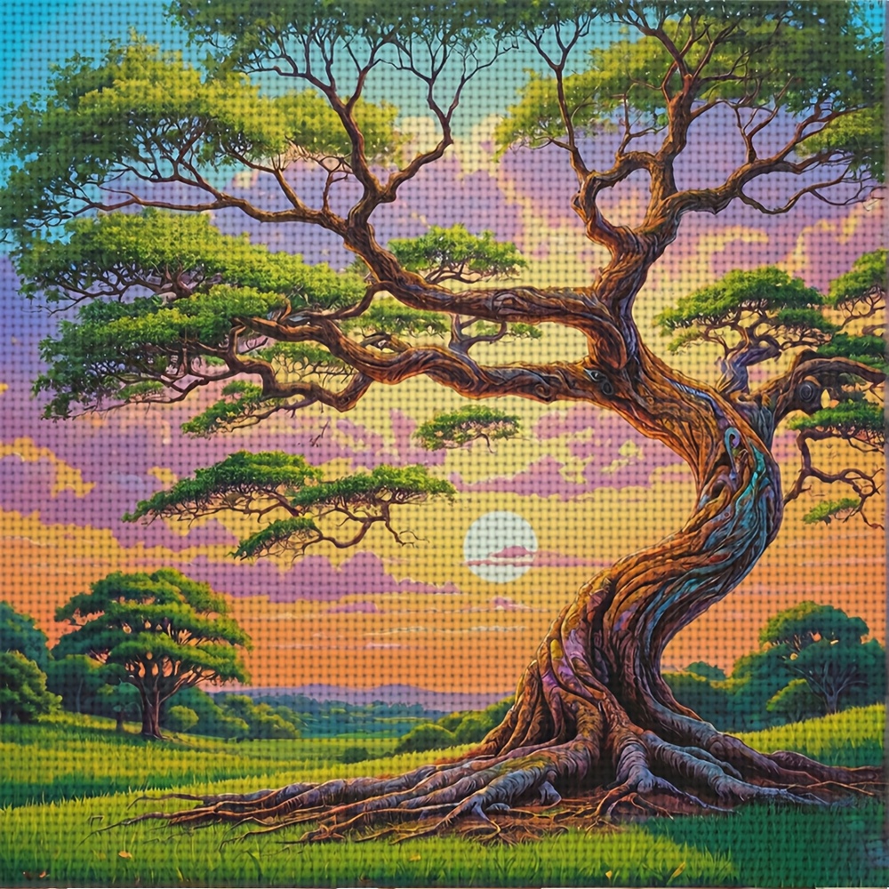 DIY Cross-stitch Printed Kit, Unframed Whimsical Big Tree at Sunset Design