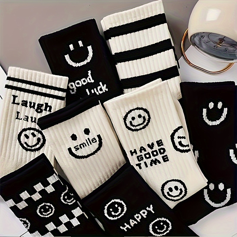 

8 paires de chaussettes imprimées avec des souriants, chaussettes mi-hautes de style vintage, bas et bonneterie pour femmes