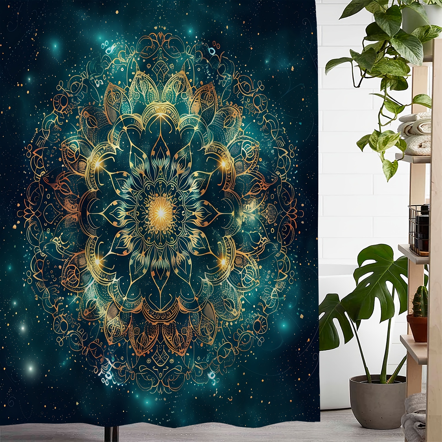 

Artistic Mandala Floral Print Waterproof Shower Curtain With 12 Hooks, Water-resistant Polyester Fabric With Woven Weave, Vintage Style Bathroom Accessory, Machine Washable