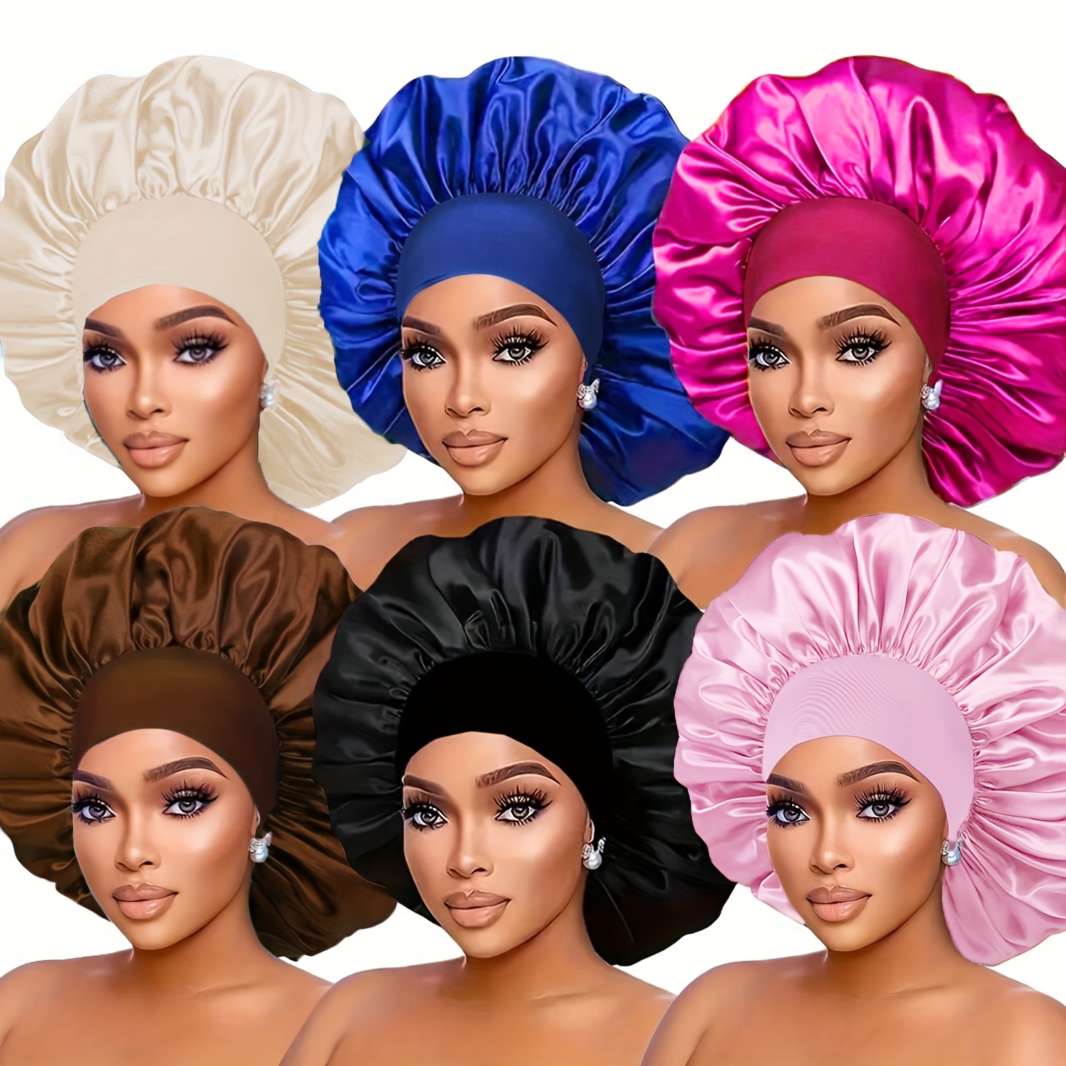 6pcs AWEGEO Women's Satin Bonnet with Elasticated Wide Brim - Breathable Sleep Cap Suitable for Travel, Spa, Daily Use | Elegant Hair Protection Hat, Spring/Fall Accessory