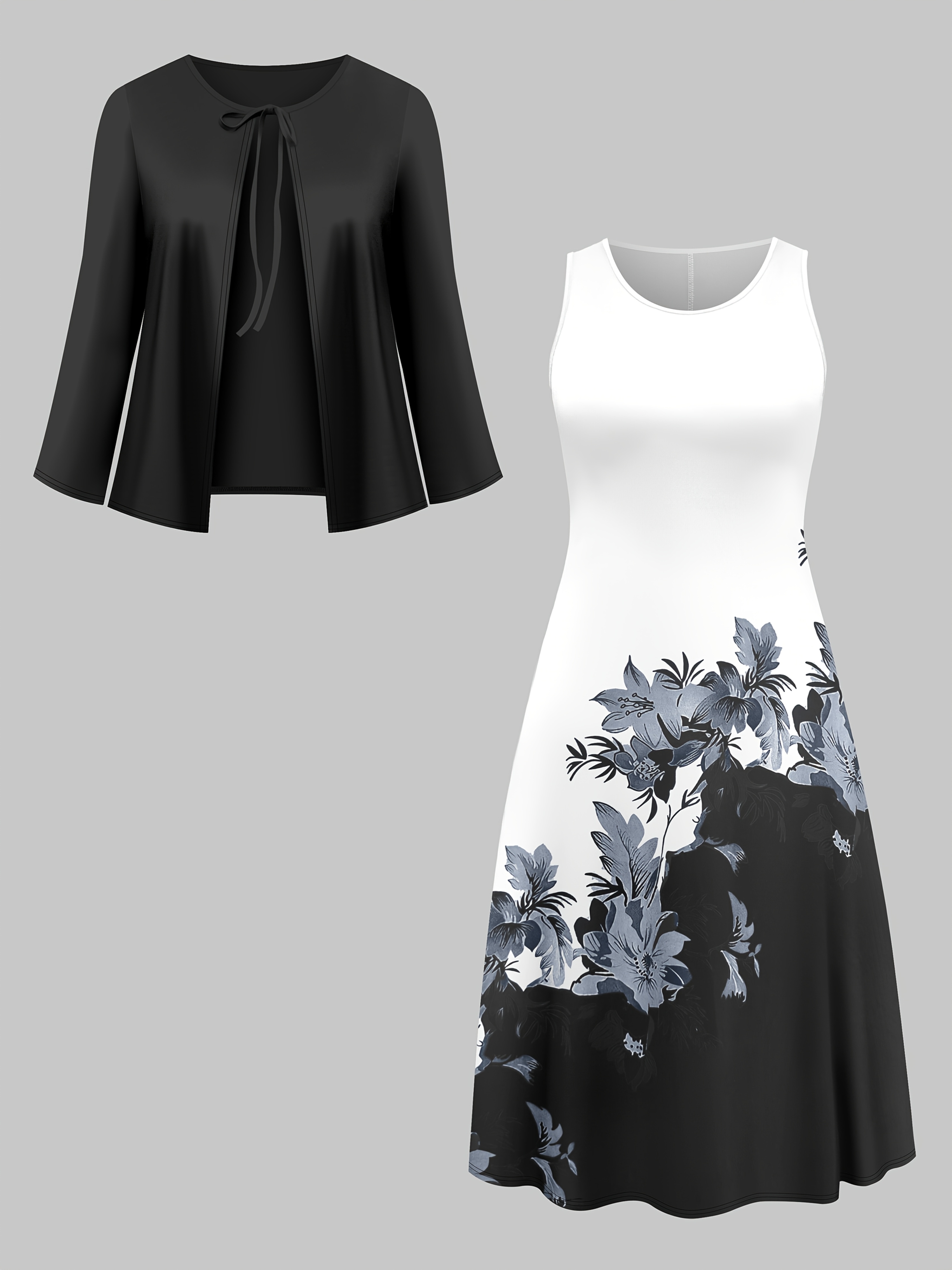 Fashion Women's solid color small cardigan and floral print patchwork dress two-piece set