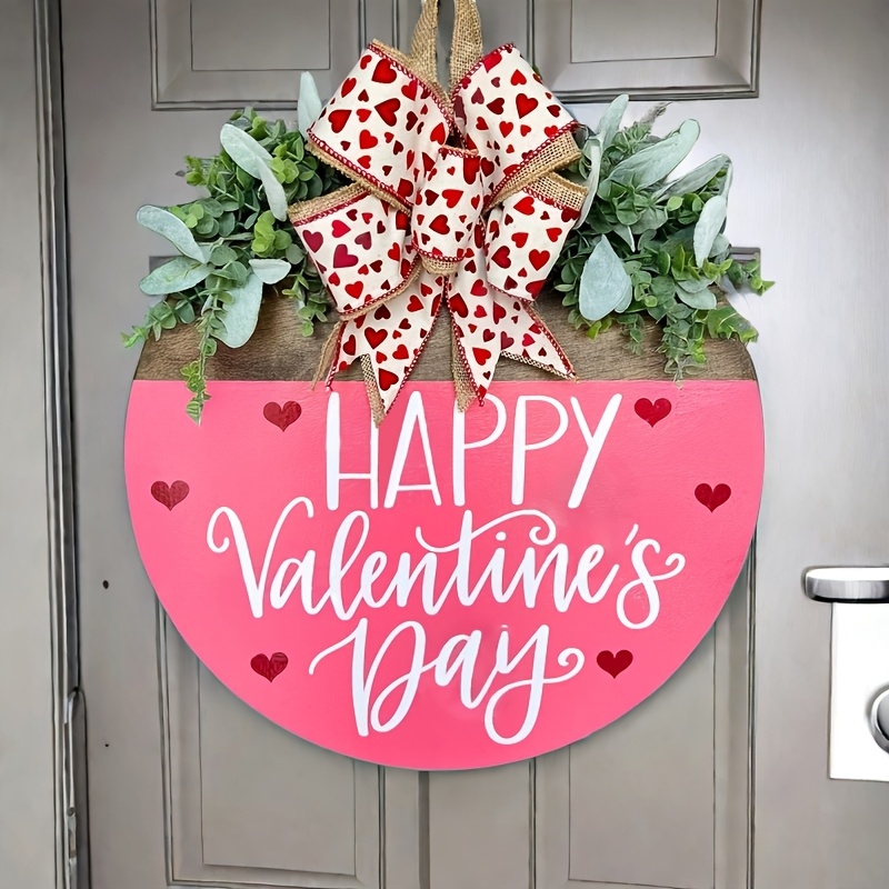 

Valentine's Day Door Wreath - Classic Pink With & Burlap Bow, Wood, No-light Outdoor Love Wall Hanging Decor, Valentines Decorations