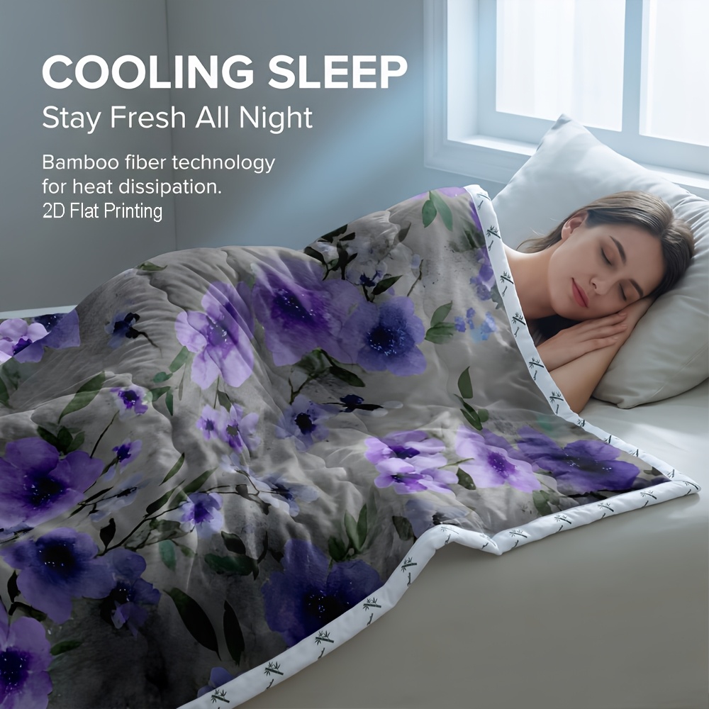 TEMU 1pc Bamboo Cooling Comforter, Reversible Cooling And Warm Summer Comforter, Watercolor Floral Lightweight Breathable Switchable Temperature