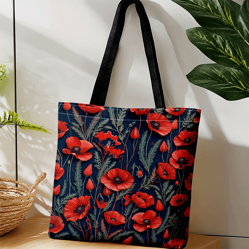 TEMU Women's Crossbody Tote Bag, Red Poppy Floral Print, Navy , Fresh Commute Daily Use, Spring Summer Festive Vibe