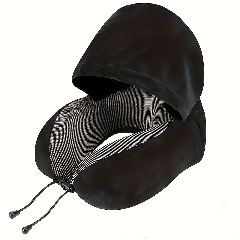 Image of 1 Portable U-shaped Travel Neck Pillow With Hood - , Lightweight And To Deformation, Microfiber Pillowcase And Polyurethane Filling, Clean Only, Black. Suitable For Airplanes, Cars, , And Travel Use