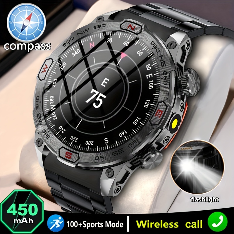 

2024 New Men's Watch Outdoor Flashlight Illumination Compass 100+multi Sport Mode 1.43 Inches 466 * 466 Hd Sturdy Screen 450mah Large Battery Smart Watch