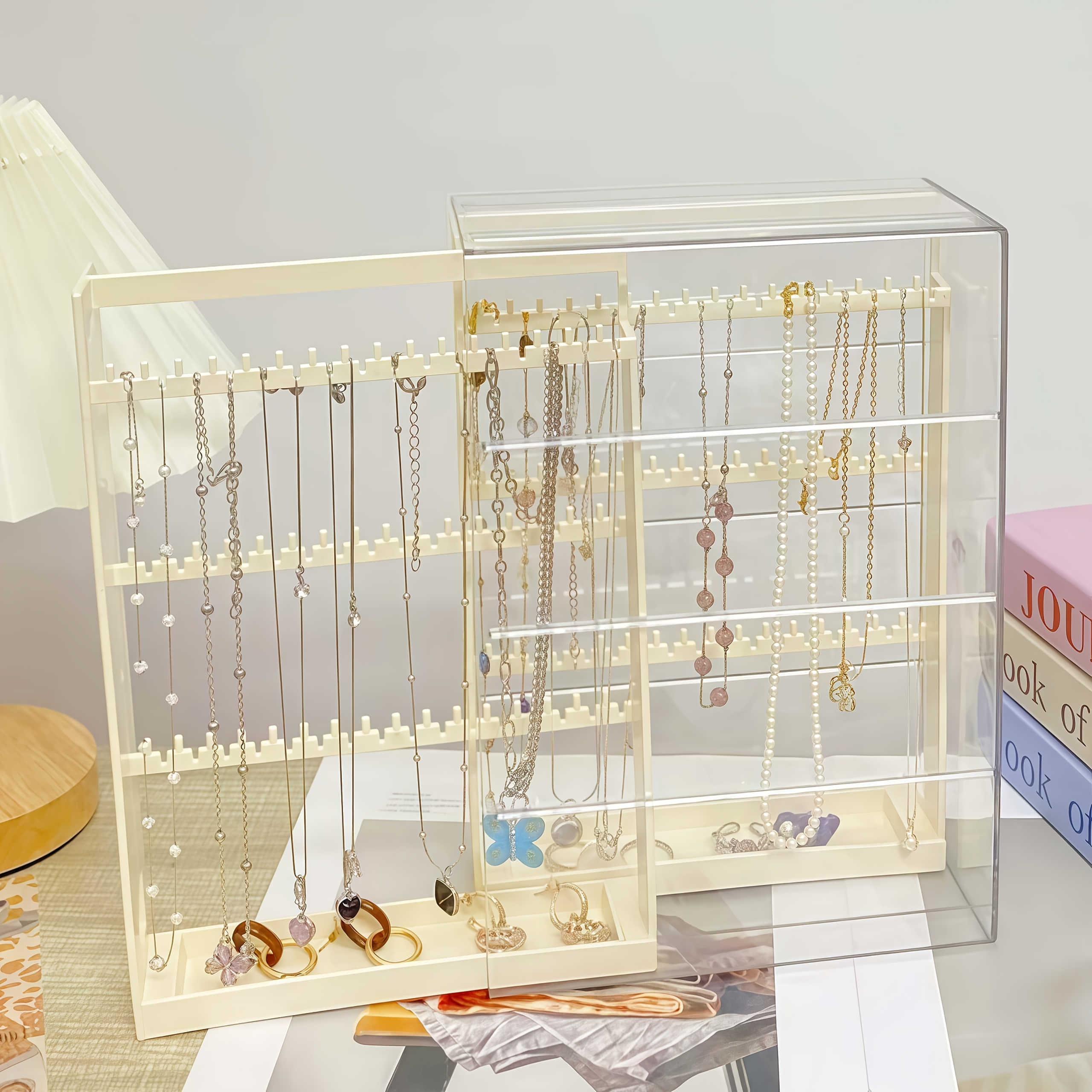 1pc jewelry storage box with pull out display shelves keychain hooks durable plastic organizer for bracelets necklaces earrings bedroom bathroom holiday gifts back to school supplies Product details 7