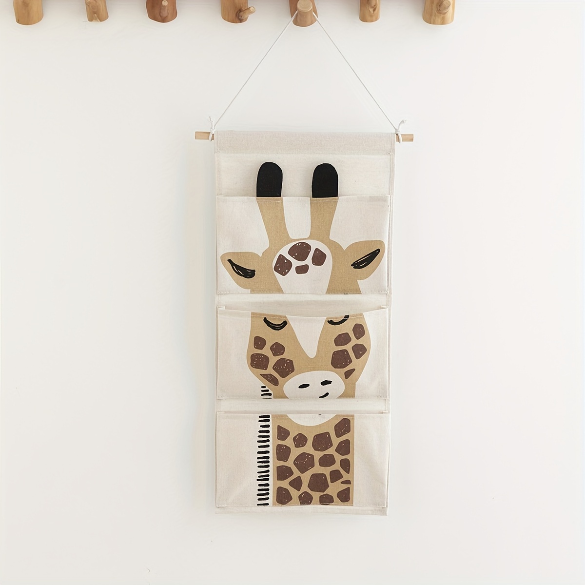 

Organisateur de rangement mural girafe pour 1PC, montage sur porte en tissu avec 3 poches, pochette de placard en lin imperméable pour chambre, salle de bain, utilisation multi-pièces