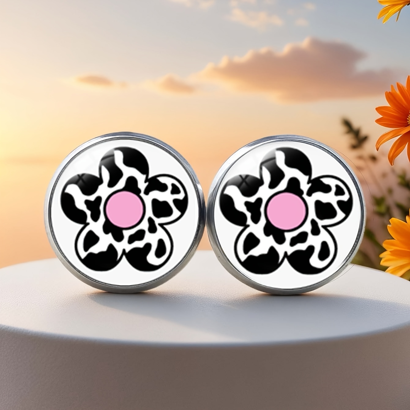 Trendy Cow Print Flower Charm Earrings