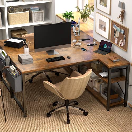l shaped gaming desk that measuring 48 40 inches featuring storage shelves and a side bag suitable for home offices and bedrooms