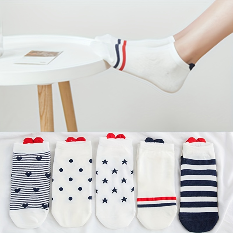 

5 Pairs Heart Print Socks, Simple & Comfy Striped Short Socks For Valentine's Day, Women's Stockings & Hosiery