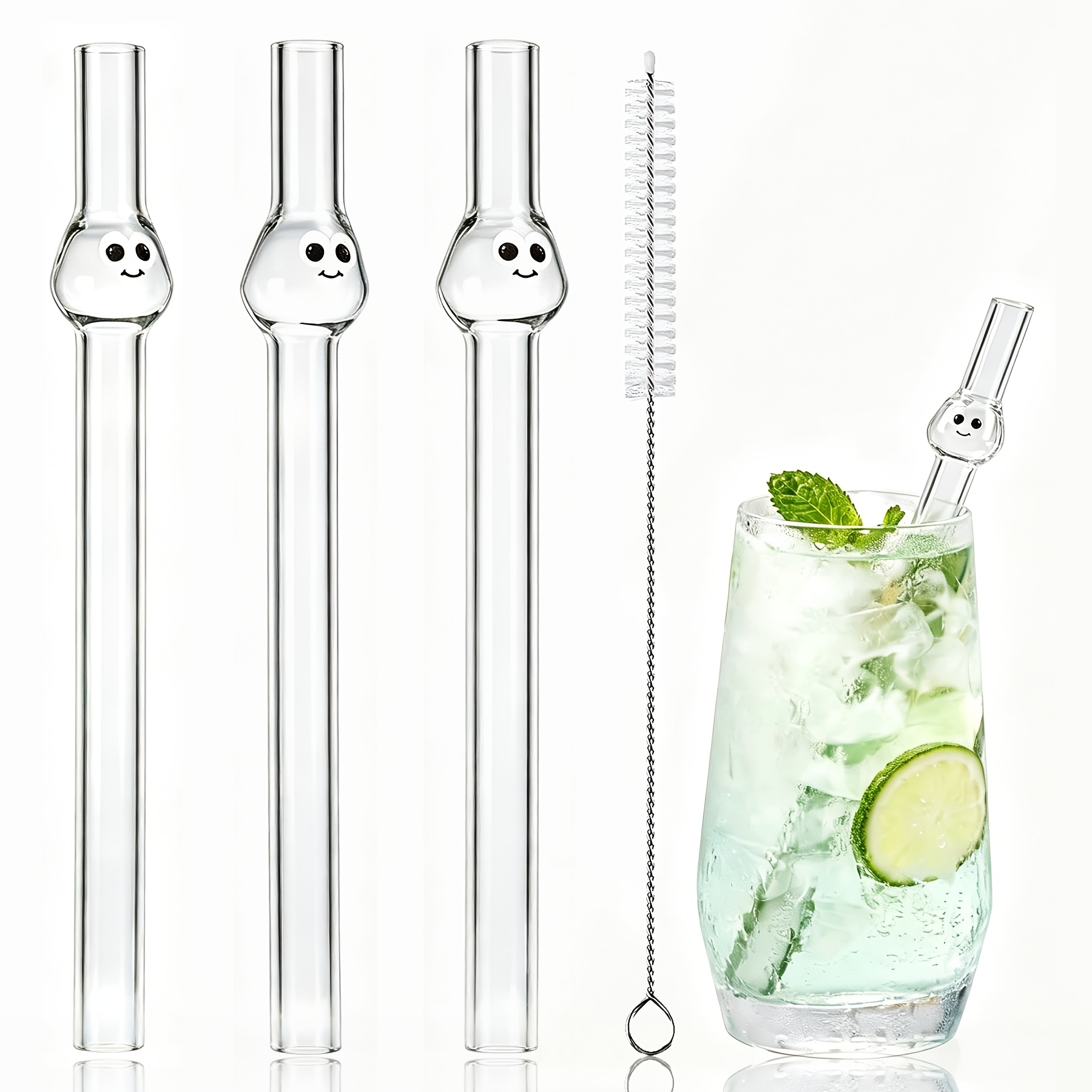 TEMU 3 de vidrio de borosilicato con diseño de cara | reutilizables con cepillo de limpieza (7.87" X 12Mm de ancho) para Bubble Tea, batidos,