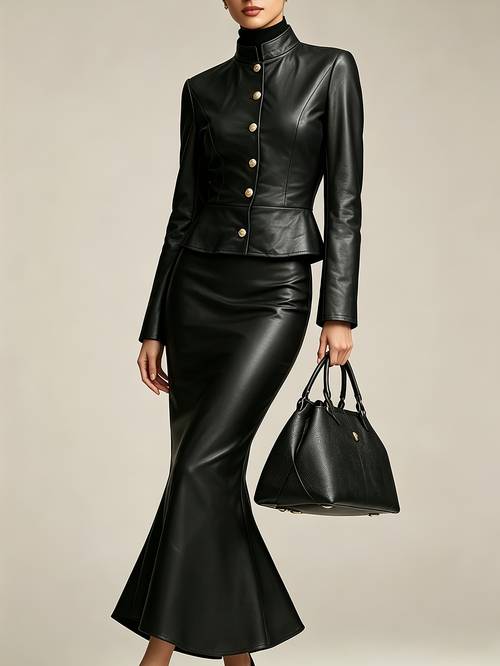 new versatile fashion casual elegant long sleeve front single button stand collar top and skirt suit