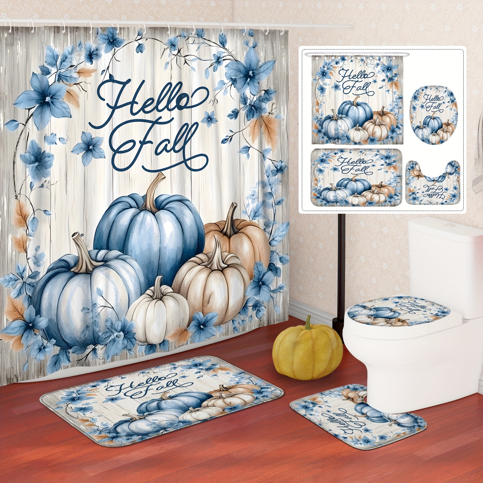 

Shower Curtain Set - 1/4pcs, Waterproof Polyester With Pumpkin & , Includes 12 Hooks, Non-slip Bath Mat & U-shaped Toilet Lid Cover - Perfect Autumn Decor