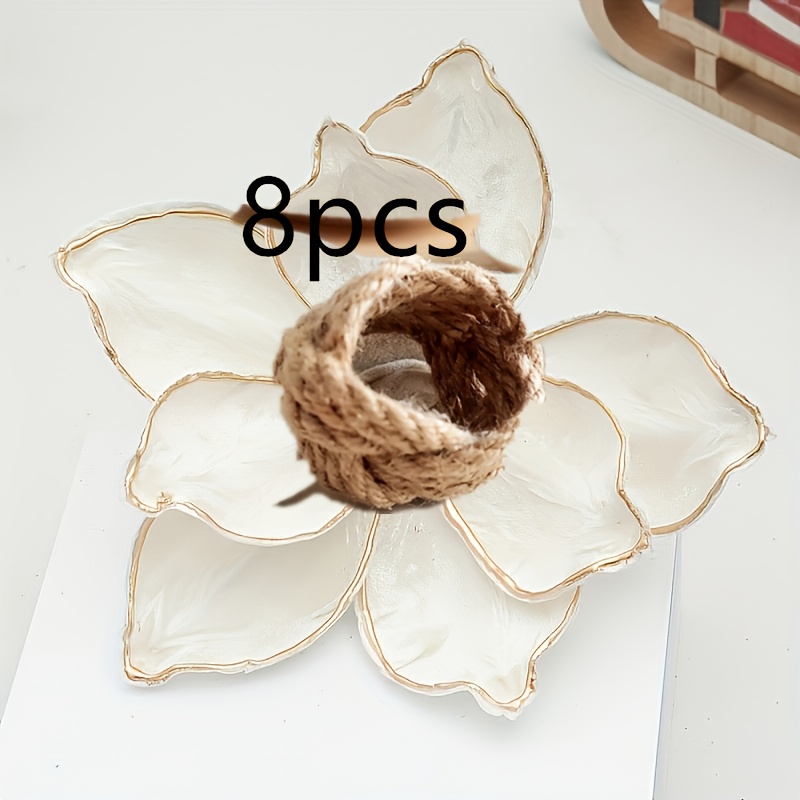 TEMU 8pcs Rustic Napkin Holder Set, Natural Jute Flower-shaped Napkin Rings, Linen Napkin Rings, Suitable For Dining Table, Nautical Napkin Rings,