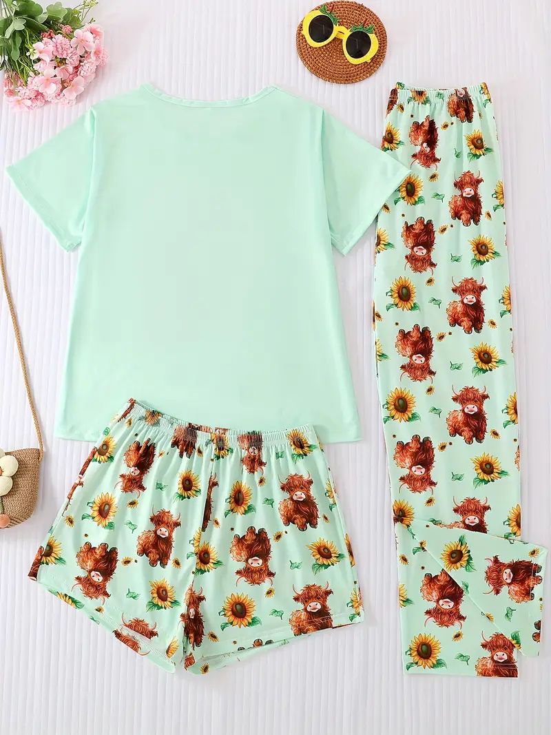 round neck three piece light green floral cow letter print adult pajama set short sleeve top and loose elastic shorts with long pants casual womens sleepwear and loungewear outfit wearable all year round Product details 1