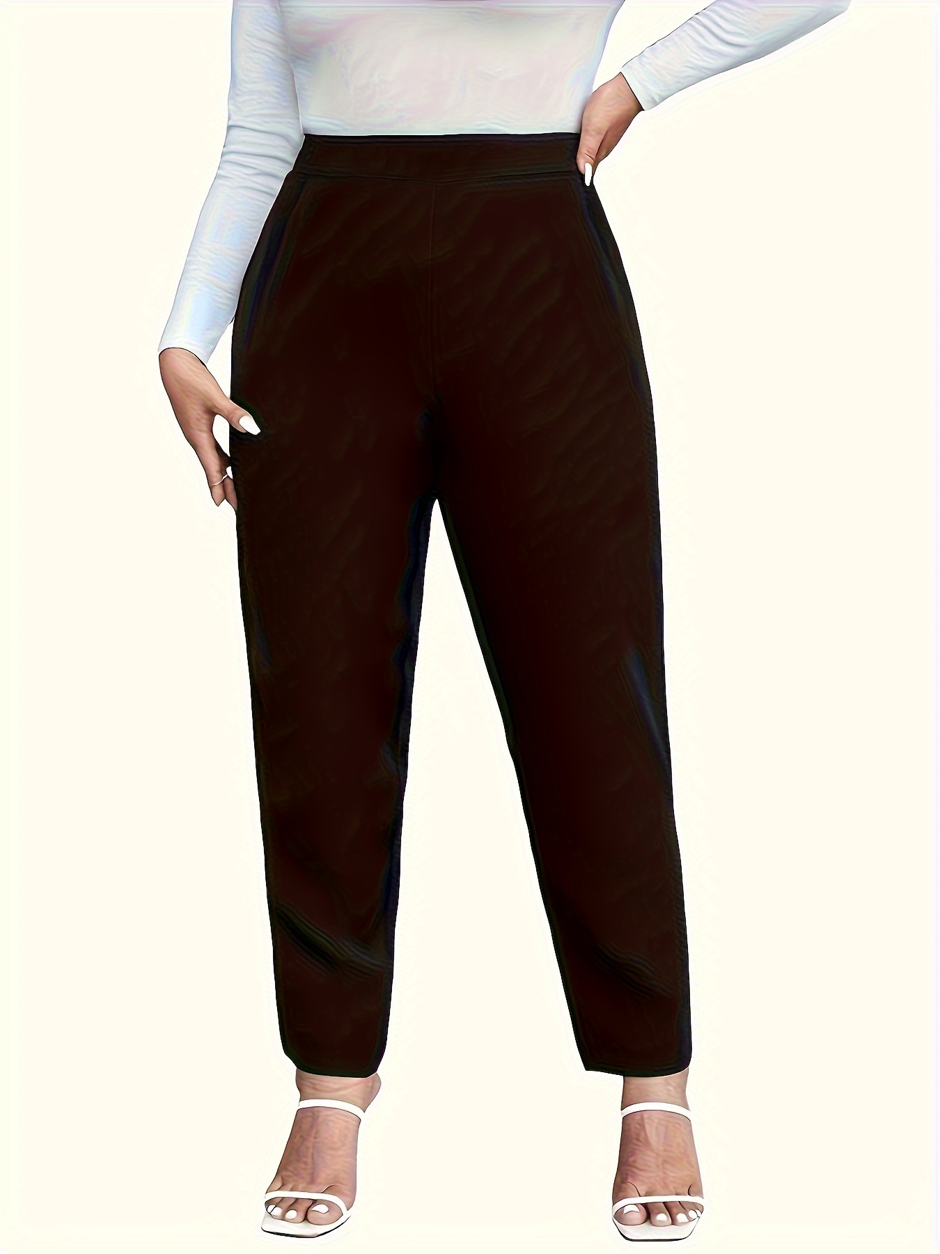 Women's Plus Size Straight-Leg Pants - Stretchy Comfort Fit, Solid Black, All-Season Elegant Trousers for Casual & Professional Wear, Middle Eastern-Inspired Design
